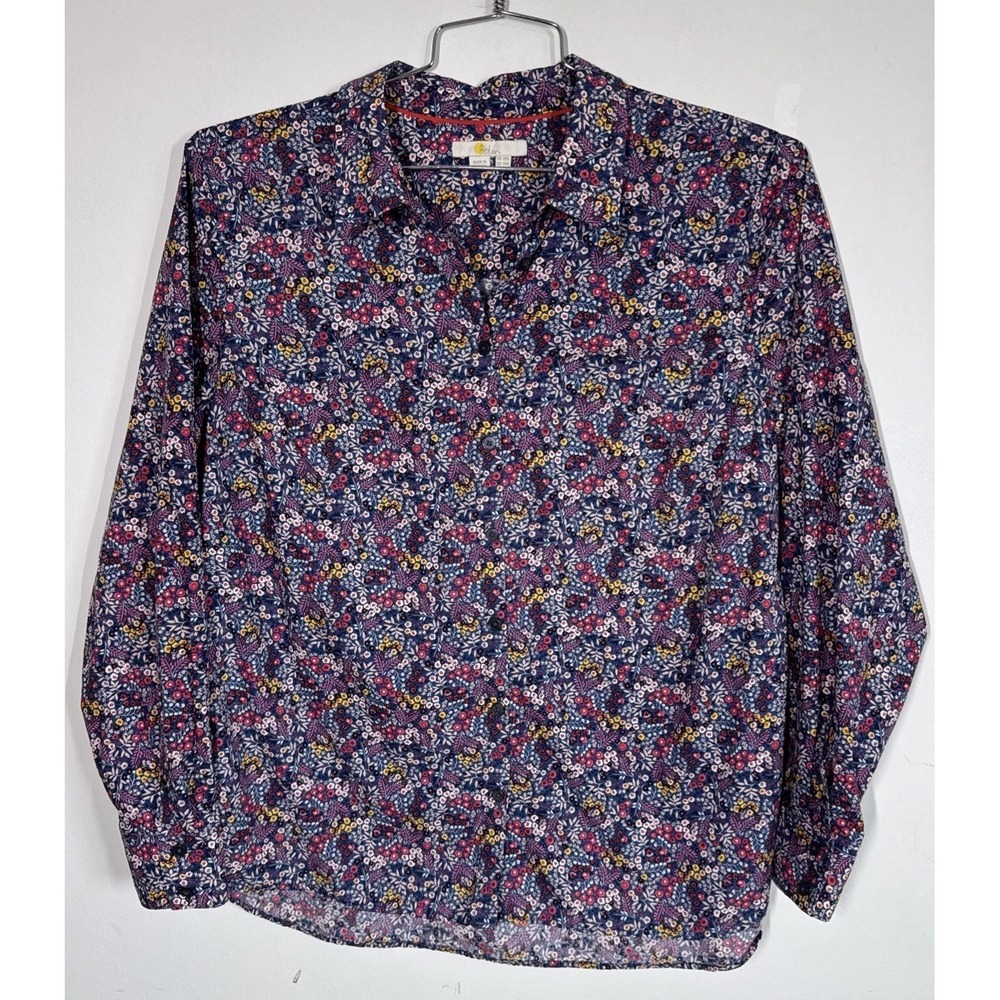 Boden Long Sleeve Blue Floral Crisp Cotton Long Sleeve Up Shirt Womens 14 Career